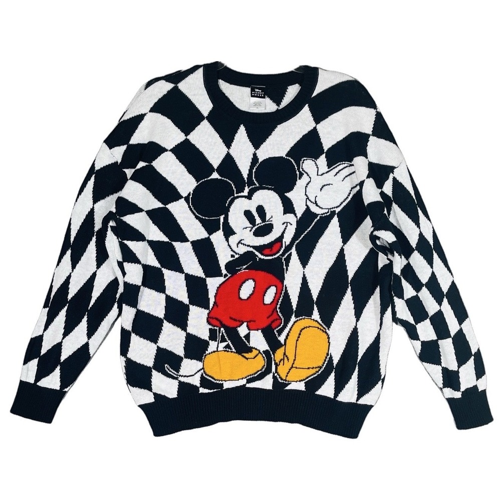 Disney Mickey Mouse Sweater Women XL Black White Checkered Graphic Knit Pullover